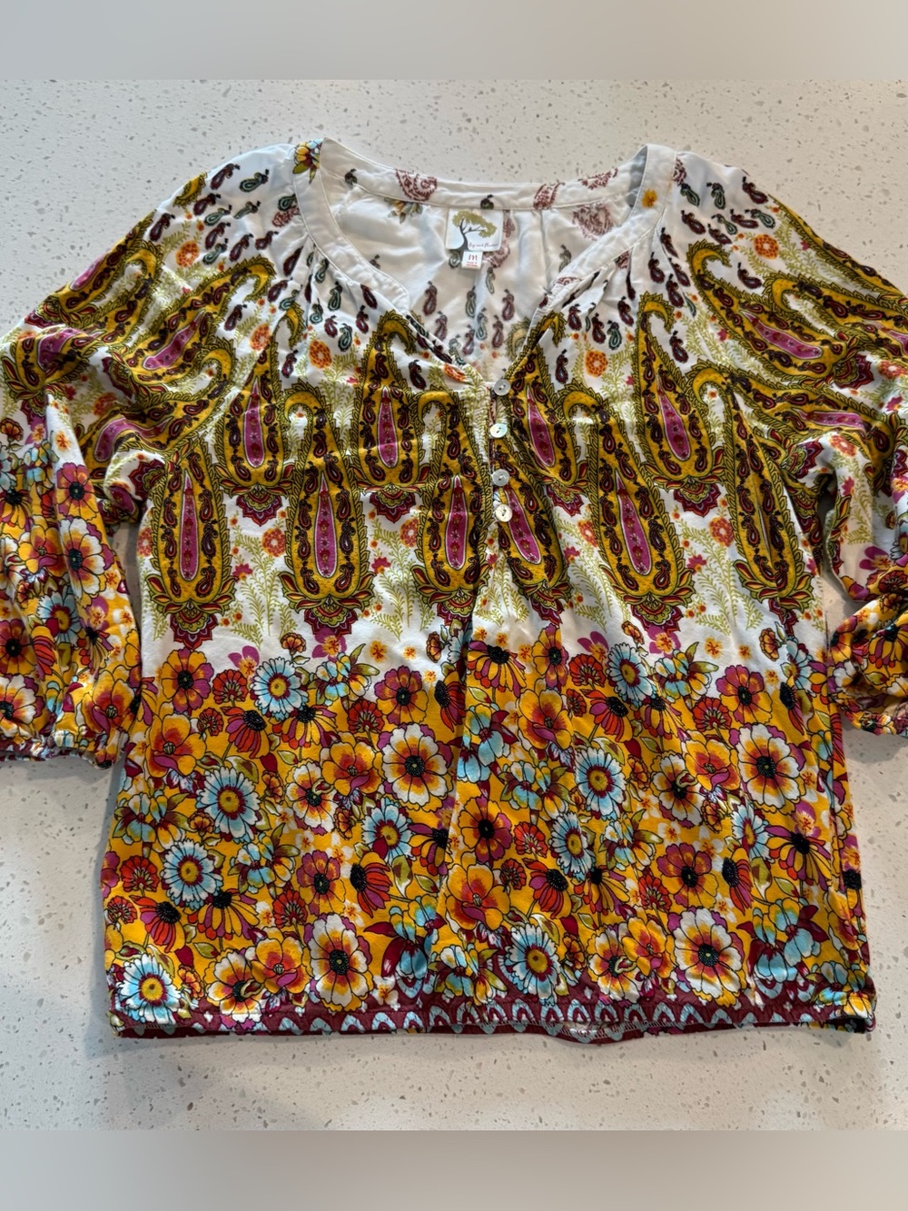 M Fig & Flower Womens Paisley Floral Boho Peasant Blouse Hippie Top Medium